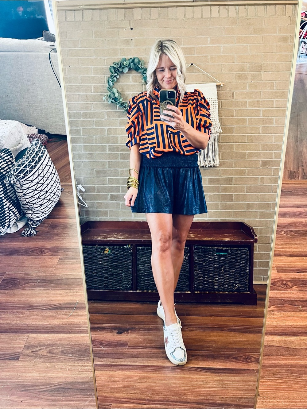 Geometric Stripe Button-Down Shirt - Orange & Navy